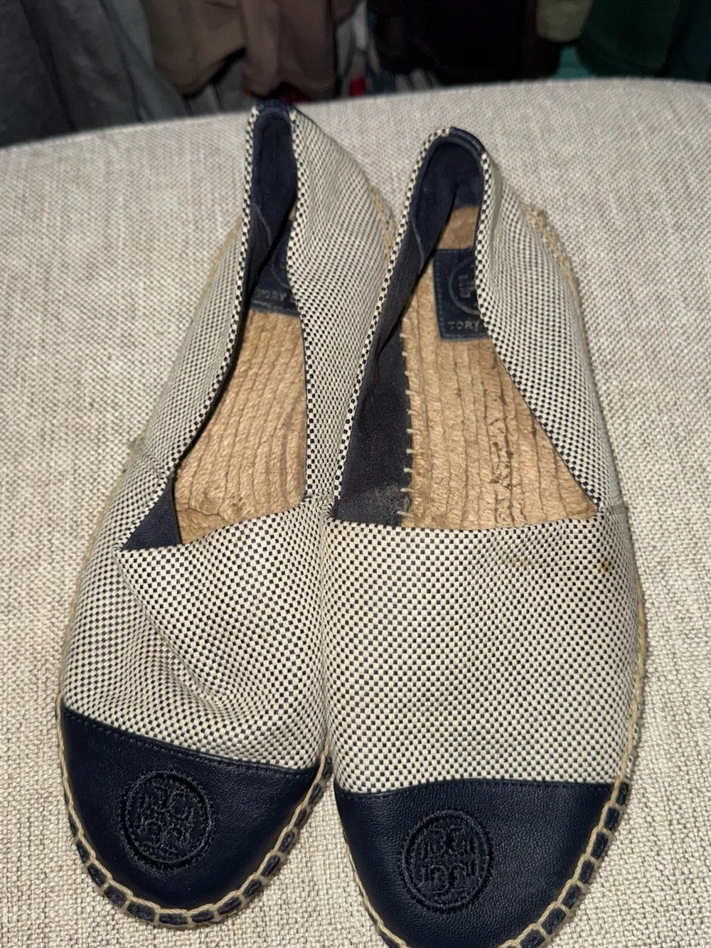 Tory Burch Navy Blue Toe Cap Cream Navy Blue Canvas Espadrille Flats